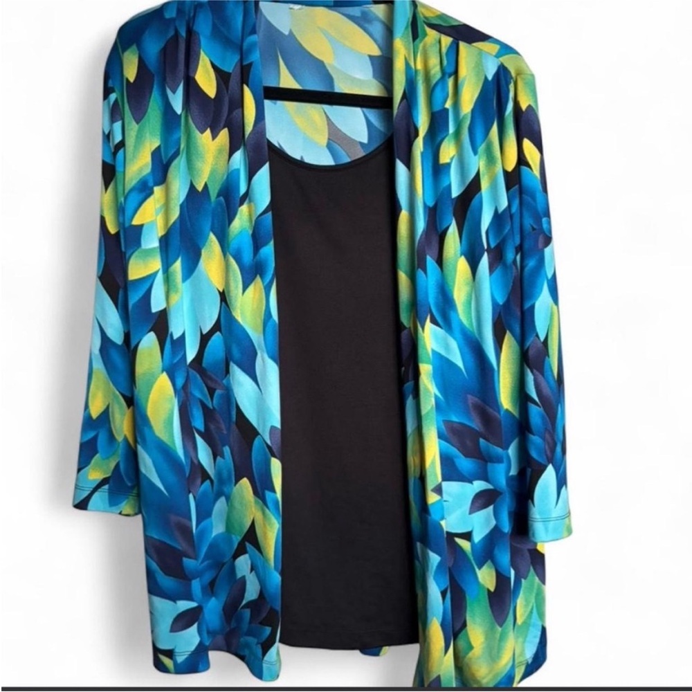Blue & Green Feather-Print Tie-Front 2-In-1 Blouse - Picture 5 of 8